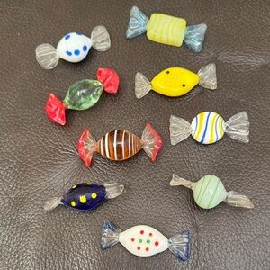 Vtg Glass Colored Shiny Candy Decor Set of 9 in Blue, Red, Green, Yellow & White